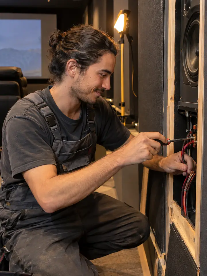 Pau Serra, técnico de instalación de DLV Cine Privado, conectando el cableado de un altavoz empotrado en una pared de sala